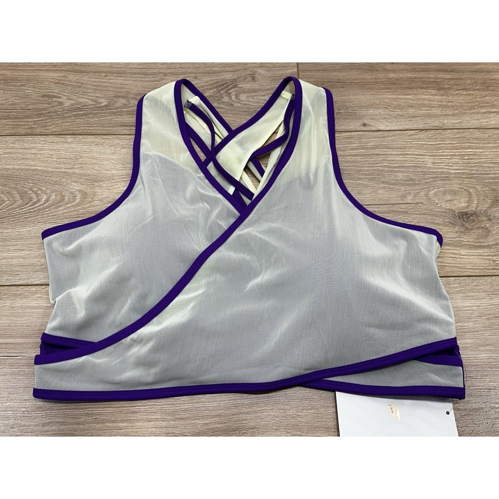 Fabletics Wrap Front Athletic Bra 1X Sheer Mesh Overlay Purple Trim Activewear
